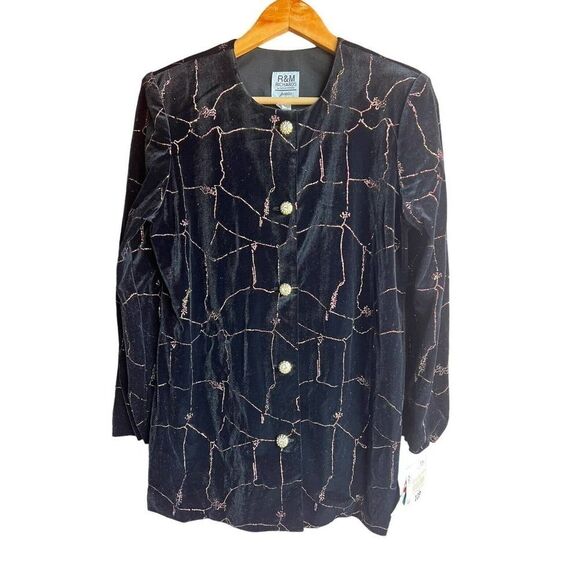 R&M Richards Black Velvet Glitter Embossed Dressy Holiday Jacket Party Size 10P
